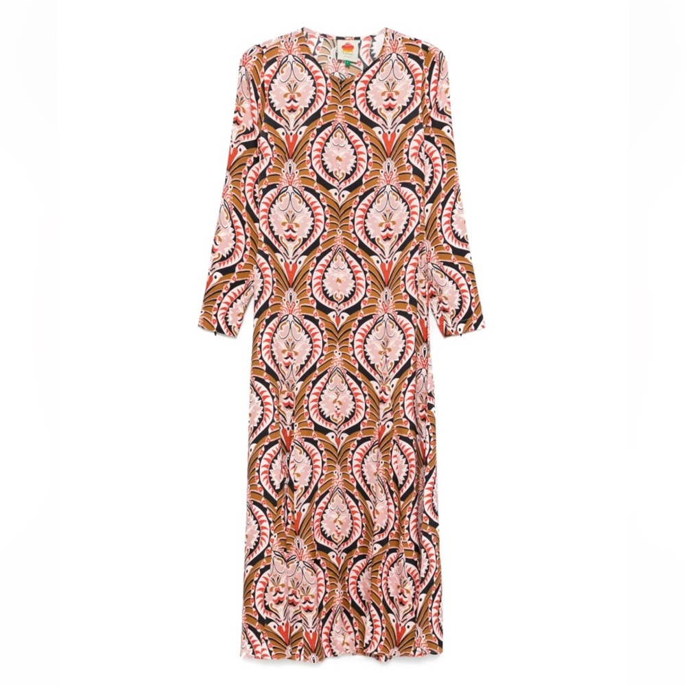 NWOT Farm Rio Pineapple Jewelry Midi Dress Boho Flowy Size Small Long Sleeve